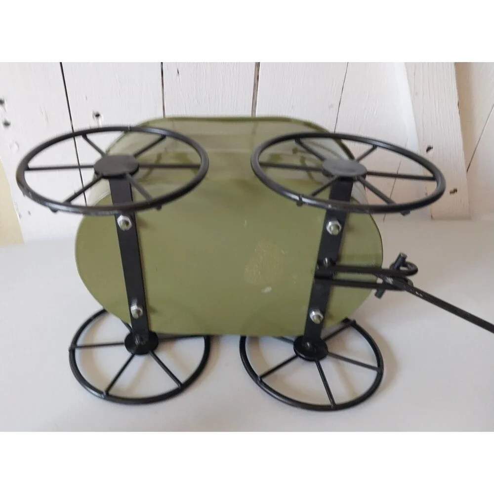 Olive Green Metal Wagon Planter w/ Rustic Black Wrought Iron Wheels Tabletop